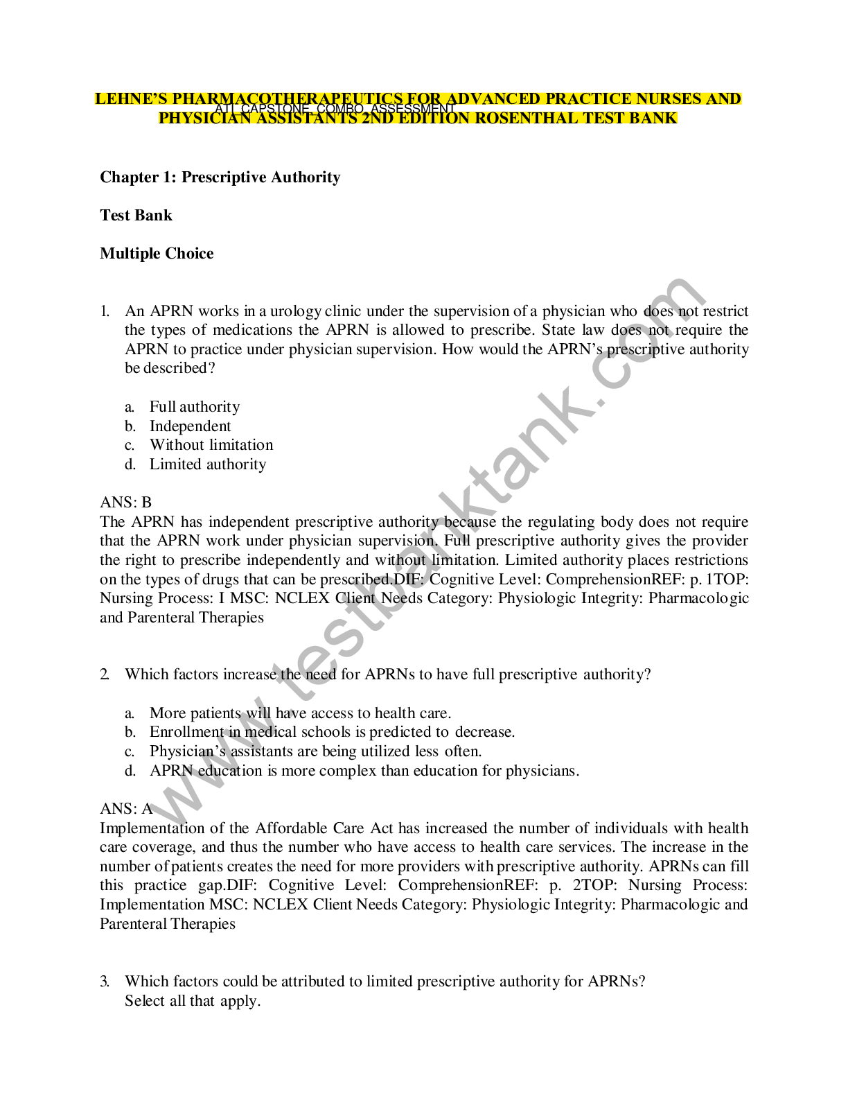 Preview image for LEHNES PHARMACOTHERAPEUTICS FOR ADVANCED PRACTICE NURSES AND PHYSICIAN ASSISTANTS 2ND EDITION ROSEN